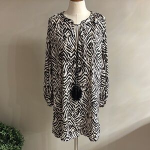 H&M Black cream Animal Print relaxed fit Dress silky feel tie neck tassels 14
